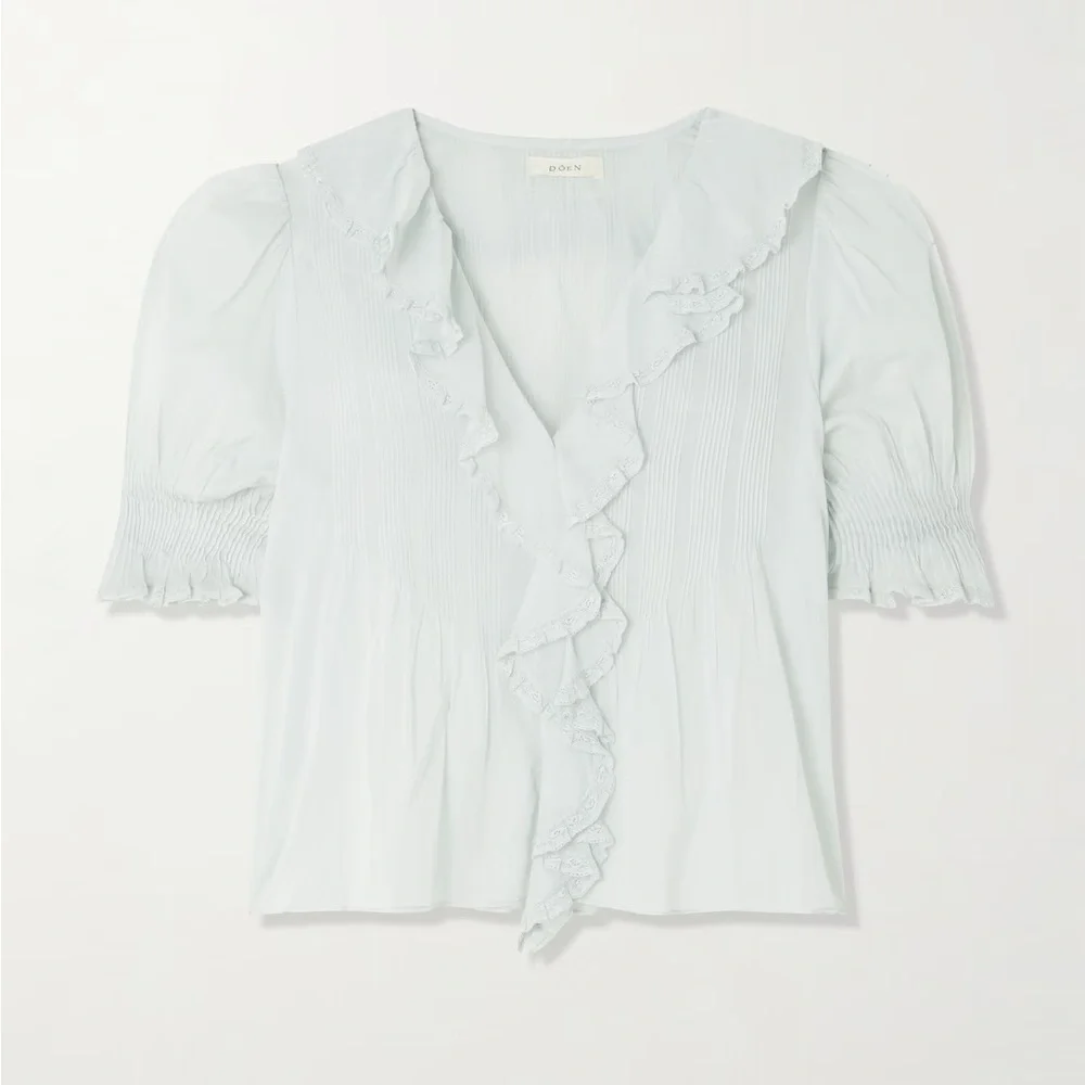 Doen NWT Medium Henri Ruffle Cotton Blouse in Alice Blue - Picture 14 of 14